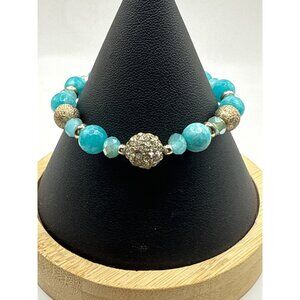 Turquoise Beaded Stretch Bracelet Gold Rhinestone Accent